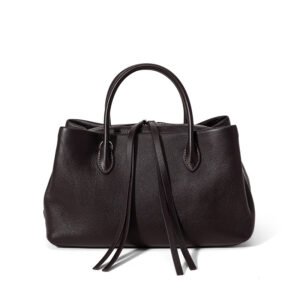 front of Multi Pockets Leather Satchel with Top Handles Chocolate