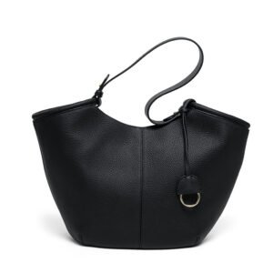 front of Togo Leather Large Shoulder Bag with Detachable Bag Black