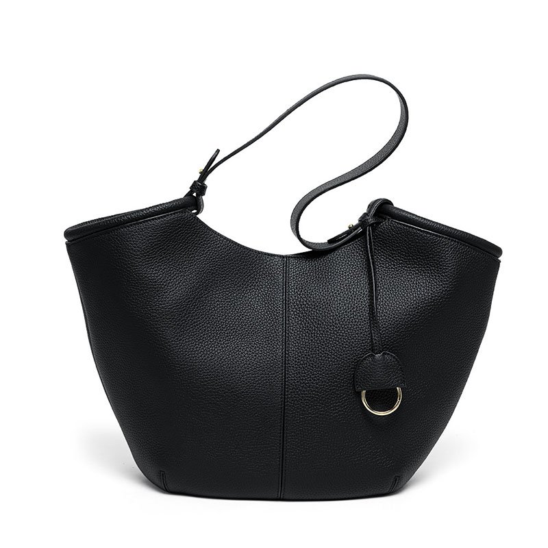 front of Togo Leather Large Shoulder Bag with Detachable Bag Black