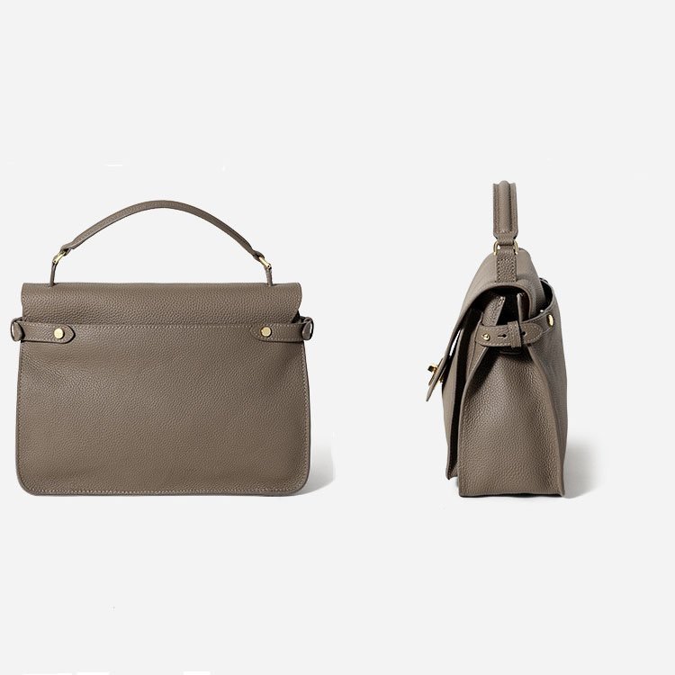 back and gusset of Togo Leather Top Handle Crossbody Bag Taupe