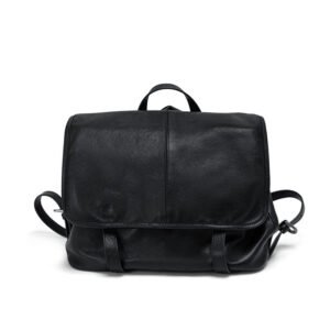 front of Vegetable Tanned Leather Backpack with Flap Black