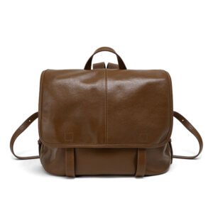 front of Vegetable Tanned Leather Backpack with Flap Brown