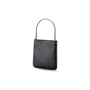 front of Woven Leather Flat Crossbody Bag with Top Handle Black