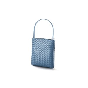 front of Woven Leather Flat Crossbody Bag with Top Handle Blue