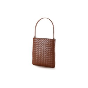 front of Woven Leather Flat Crossbody Bag with Top Handle Brown