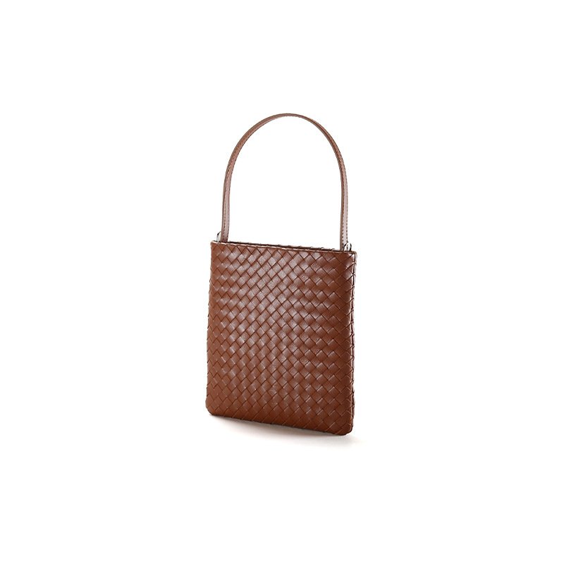 front of Woven Leather Flat Crossbody Bag with Top Handle Brown