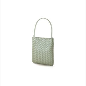 side of Woven Leather Flat Crossbody Bag with Top Handle Olive
