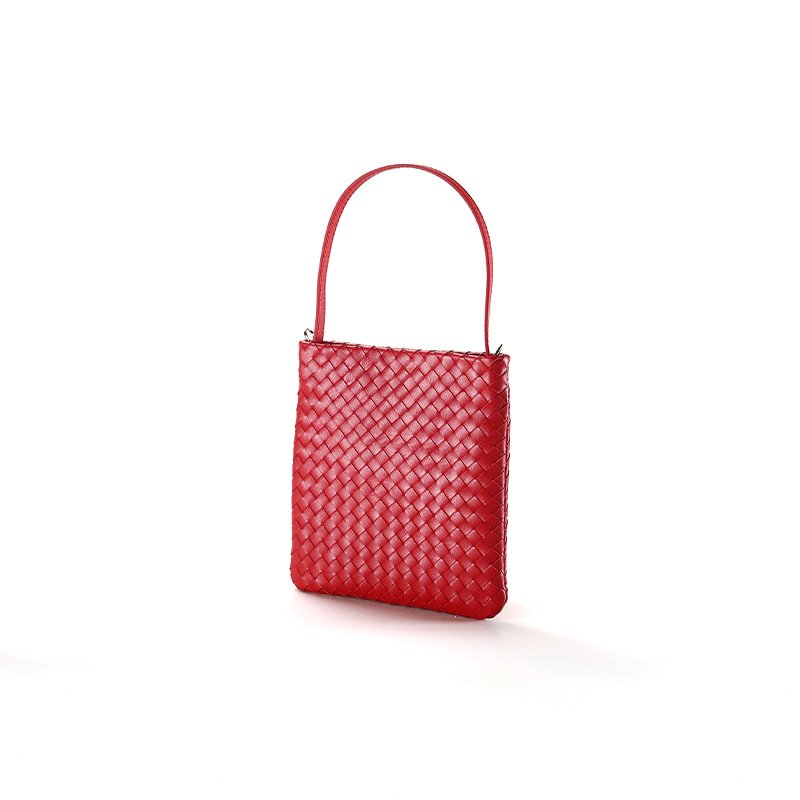 Woven Leather Flat Crossbody Bag with Top Handle Red