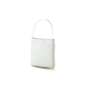 front of Woven Leather Flat Crossbody Bag with Top Handle White