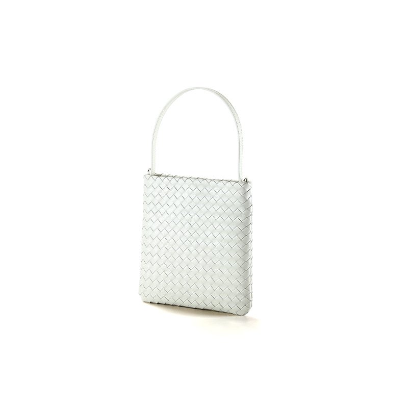 front of Woven Leather Flat Crossbody Bag with Top Handle White