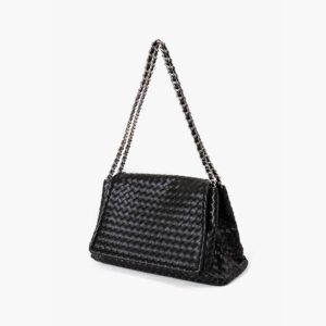 side of Woven Leather Large Satchel Crossbody Bag Black