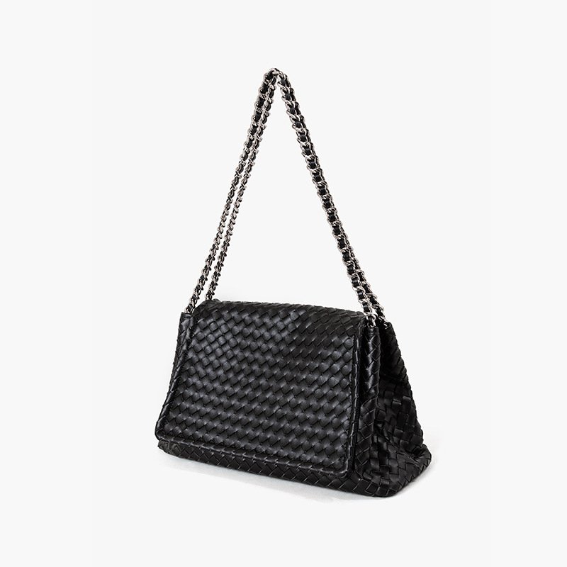 side of Woven Leather Large Satchel Crossbody Bag Black