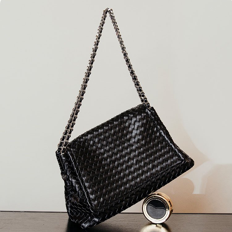 sloping of Woven Leather Large Satchel Crossbody Bag black