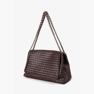 front of Woven Leather Large Satchel Crossbody Bag brown