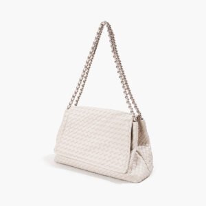 side of Woven Leather Large Satchel Crossbody Bag Offwhite