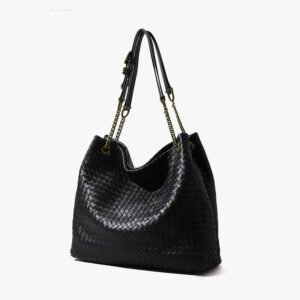 front of Woven Leather Large Tote Bag Black