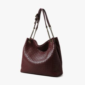 front of Woven Leather Large Tote Bag Burgundy