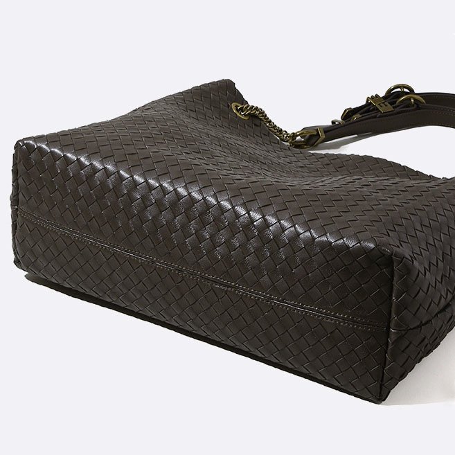 bottom of Woven Leather Large Tote Bag Chocolate