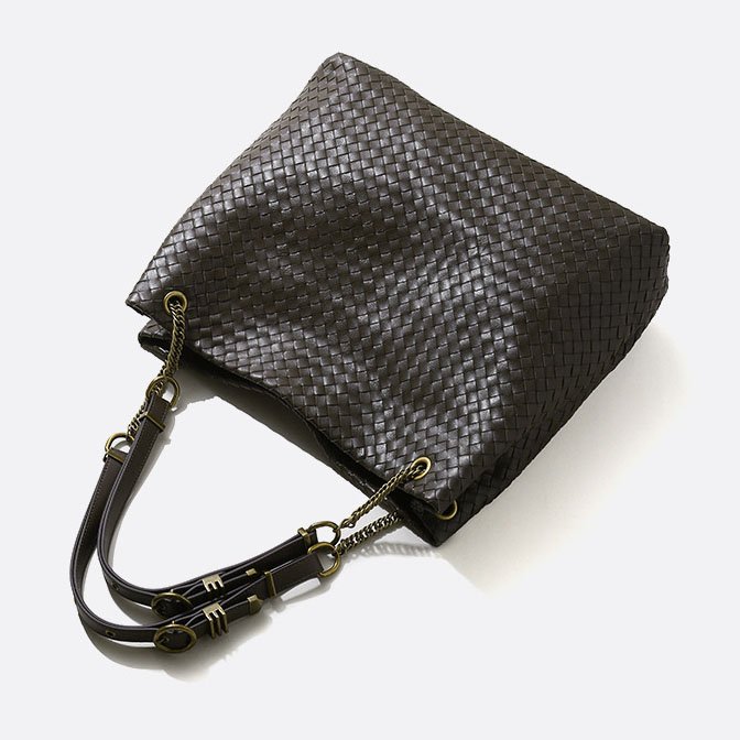 back of Woven Leather Large Tote Bag Chocolate