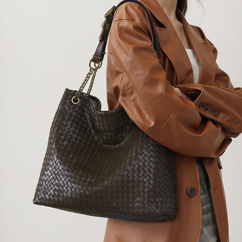Woven Leather Large Tote Bag Chocolate carrying on shoulder