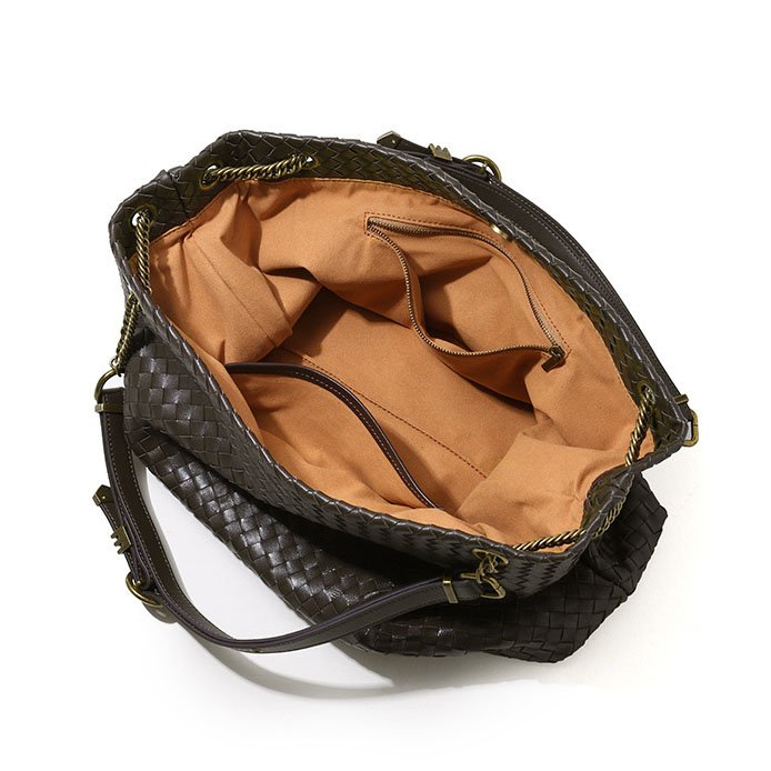 inside of Woven Leather Large Tote Bag Chocolate