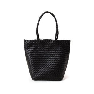 front of Woven Leather Medium Tote Bag with Braid Handle Black