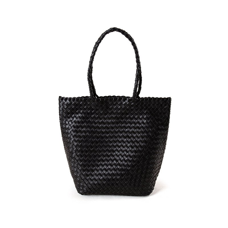 front of Woven Leather Medium Tote Bag with Braid Handle Black