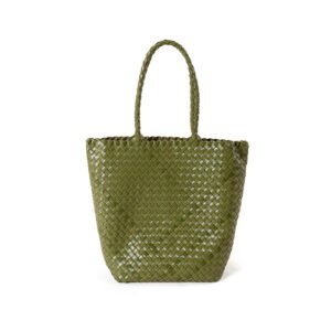 front of Woven Leather Medium Tote Bag with Braid Handle Green