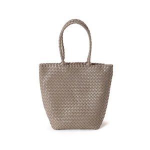 front of Woven Leather Medium Tote Bag with Braid Handle Grey