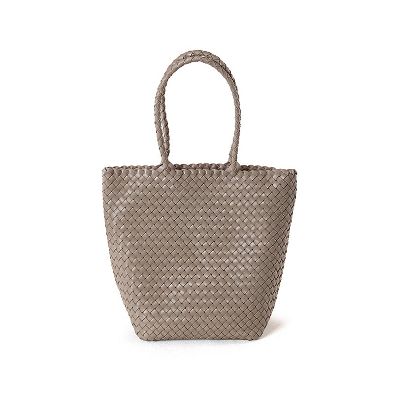 front of Woven Leather Medium Tote Bag with Braid Handle Grey