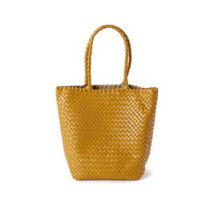 front of Woven Leather Medium Tote Bag with Braid Handle Mustard
