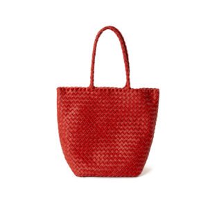 front of Woven Leather Medium Tote Bag with Braid Handle Red