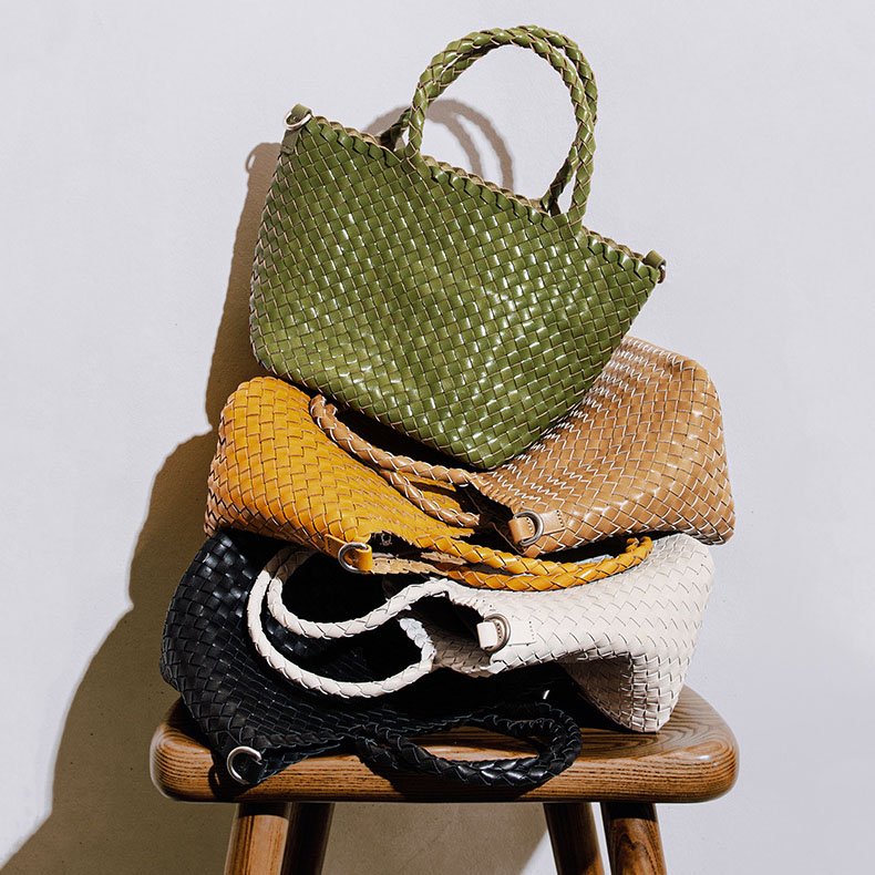 piling up Woven Leather Small Tote Bag with Braid Handle 5 colors Black,Sand,Offwhite,Mustard,Green