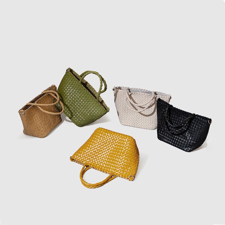 display of Woven Leather Small Tote Bag with Braid Handle 5 colors Black,Sand,Offwhite,Mustard,Green