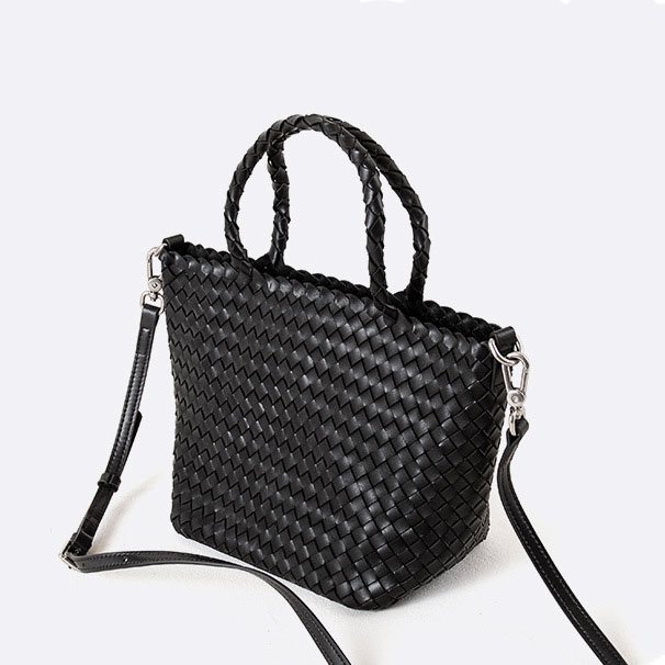 leather strap of Woven Leather Small Tote Bag with Braid Handle Black