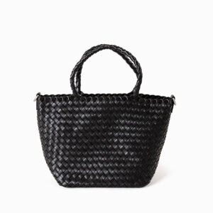 front of Woven Leather Small Tote Bag with Braid Handle Black