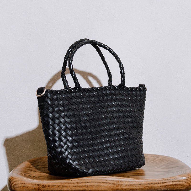 side of Woven Leather Small Tote Bag with Braid Handle Black