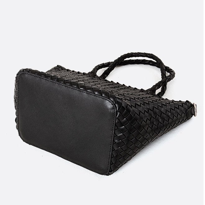 bottom of Woven Leather Small Tote Bag with Braid Handle Black
