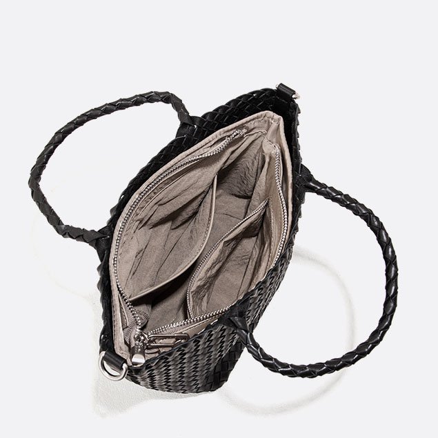 inside of Woven Leather Small Tote Bag with Braid Handle Black
