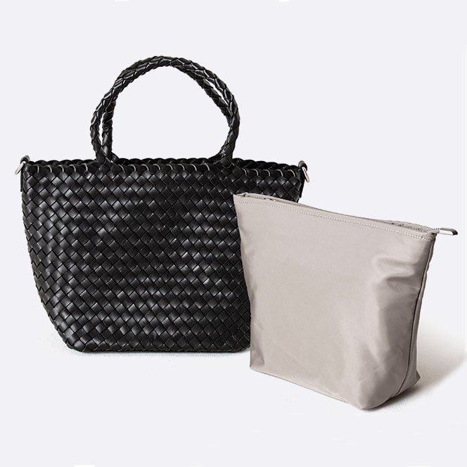 interior bag of Woven Leather Small Tote Bag with Braid Handle Black