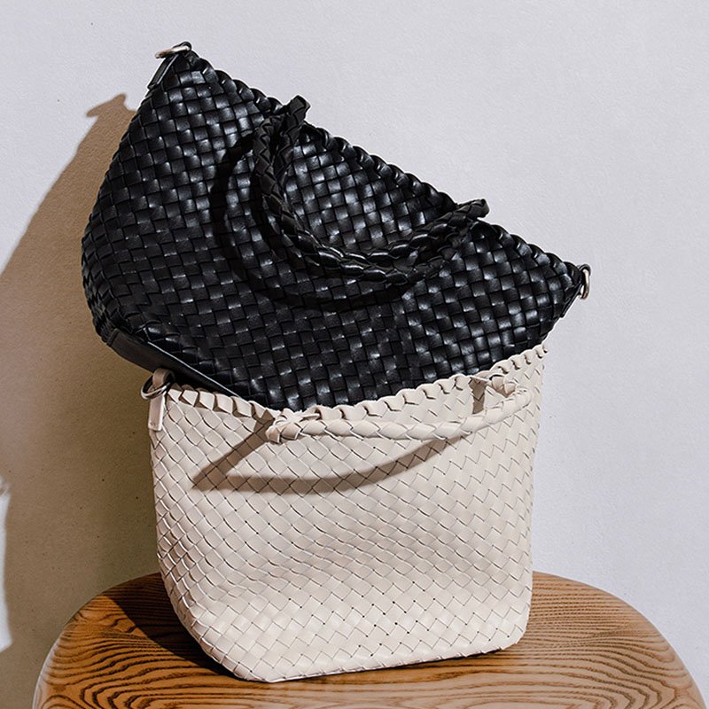 two colors bag of Woven Leather Small Tote Bag with Braid Handle Black and offwhite