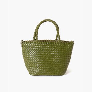 front of Woven Leather Small Tote Bag with Braid Handle green