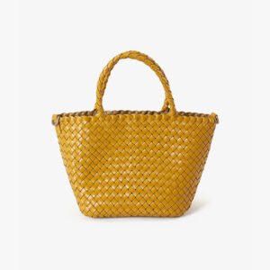 front of Woven Leather Small Tote Bag with Braid Handle Mustard