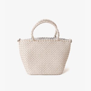 front of Woven Leather Small Tote Bag with Braid Handle offwhite