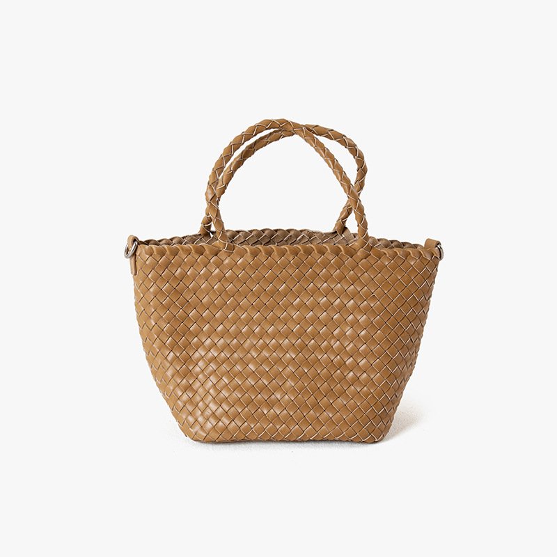 front of Woven Leather Small Tote Bag with Braid Handle Sand
