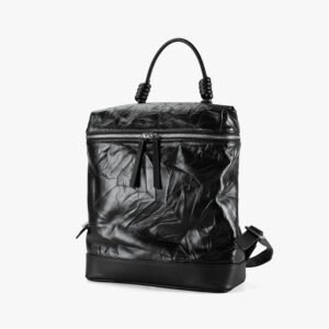 front of Wrinkled Leather Large Backpack with Top Handle Black