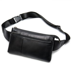 45 degree side of Black Leatehr Small Sling Bag with Two Main Pockets
