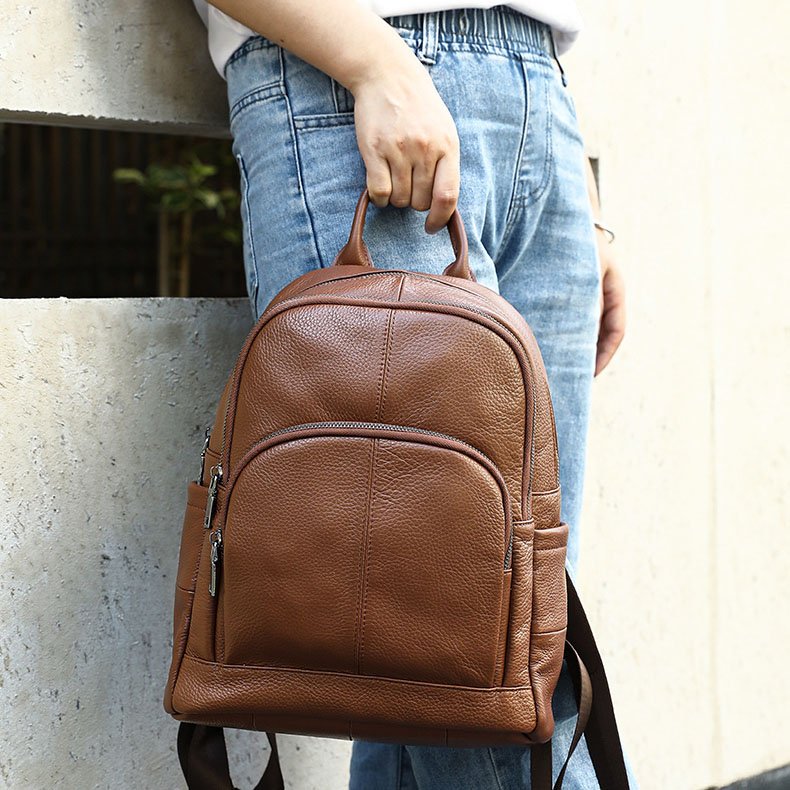 Brown Leather Backpack for Women carry by hand