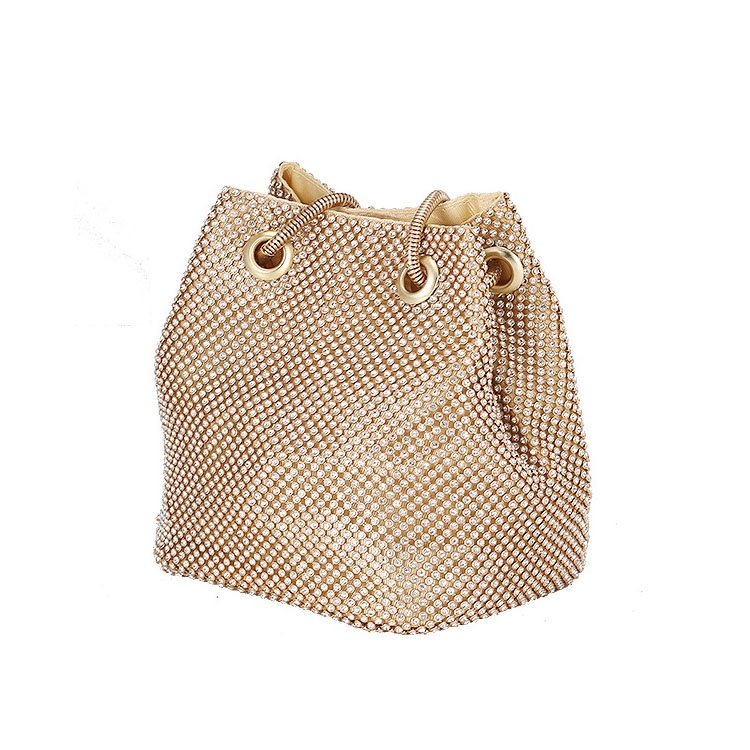 side of Crystal Mesh Small Bucket Bag Gold