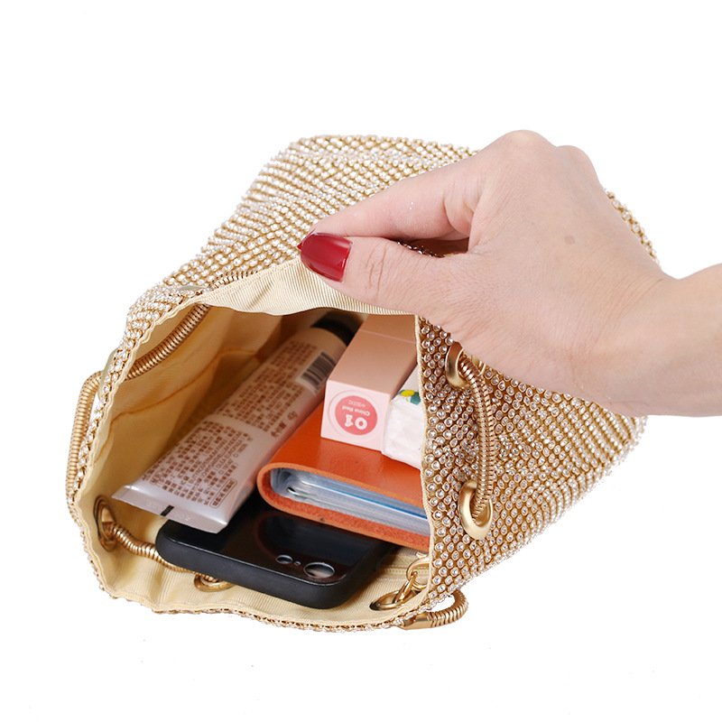 inside view of Crystal Mesh Small Bucket Bag Gold